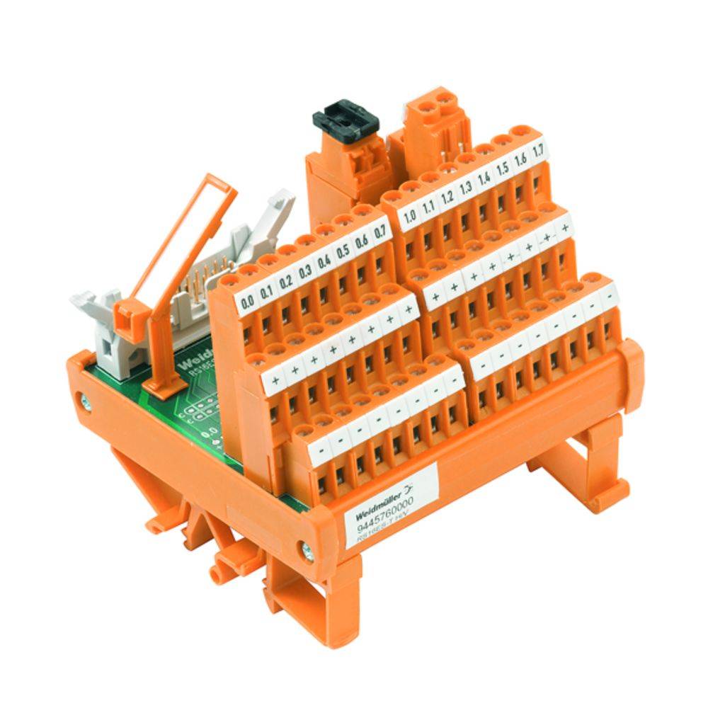 Orange Klemmenblock, mehrstufig, auf grünem Sockel montiert, mit nummerierten Anschlüssen zur elektrischen Verdrahtung.