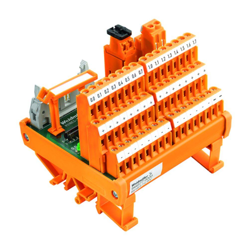 Elektronisches Steckmodul mit orangefarbenem Gehäuse und vielen beschrifteten Steckplätzen, verwendet für industrielle Anwendungen.
