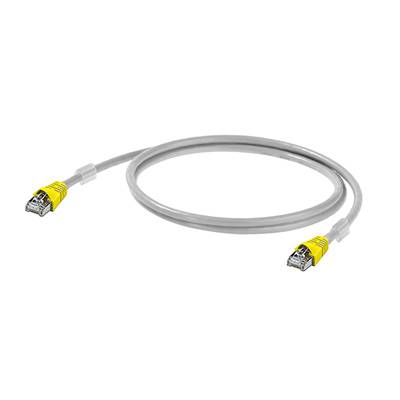 Ein graues Ethernet-Kabel mit gelben Steckern an beiden Enden, zur Verbindung von Netzwerkgeräten.