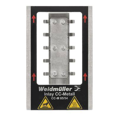 'Rechteckige Metallplatte mit Mittenführung und Halterungen. Auf der Platte steht 'Weidmüller Inlay CC-Metall'. Achtungs- und Warnsymbole.'