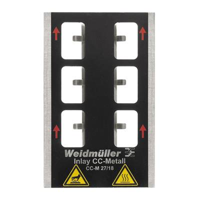 'Weidmüller Inlay CC-Metall' mit sechs rechteckigen Öffnungen, roten Pfeilen und Warnsymbolen für Elektrizität und Hitze.