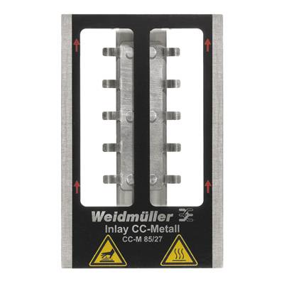 'Weidmüller Inlay CC-Metall CC-M 85/27', rechteckige Metallplatte mit Pfeilen nach oben und Warnsymbolen für elektrische Gefahr und Hitze.