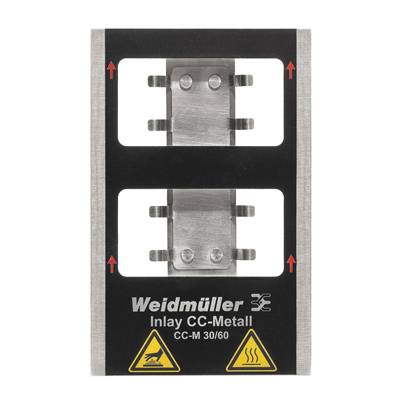 Metallplatte mit zwei Halterungen und roten Pfeilen. Unter der Platte steht 'Weidmüller Inlay CC-Metall CC-M 30/60'. Warnhinweise unten.