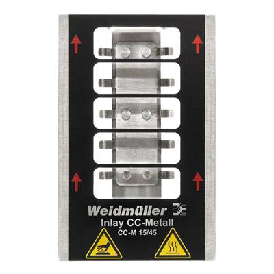'Weidmüller Inlay CC-Metall CC-M 15/45', ein Metalleinsatz mit mehreren Befestigungsstellen, umrahmt von roten Pfeilen, Warnsymbole unten.