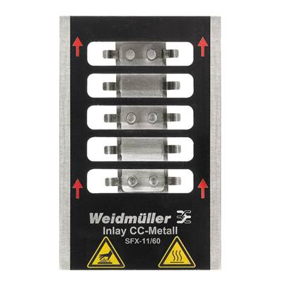 Ein rechteckiges Weidmüller Inlay CC-Metall mit der Bezeichnung 'SFX-11/60'. Zwei gelbe Warnsymbole und rote Pfeile nach oben.