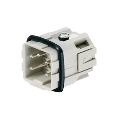 Ein grauer, rechteckiger elektrischer Steckverbinder mit vier Metallpins und einem schwarzen Gummidichtungsring.