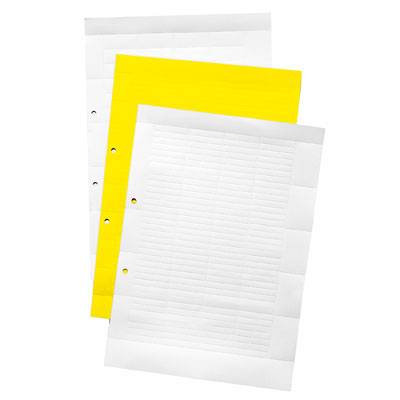 Drei überlappende Blätter Papier, das obere ist gelb, die anderen sind weiß und gelocht.