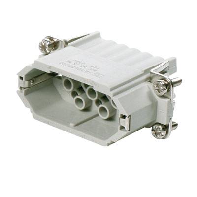 Rechteckiger elektrischer Stecker mit Metallverschraubungen und mehreren runden Steckverbindungen auf der Oberseite.