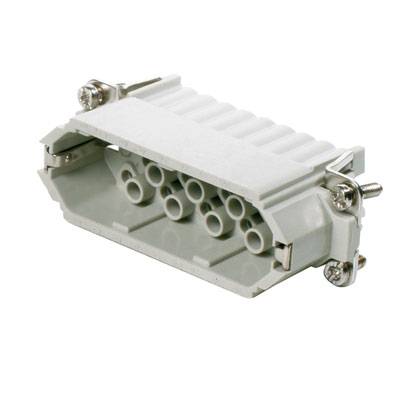 Grau-weißer, rechteckiger Steckverbinder mit mehreren runden Pins und Schraubverschlüssen an den Seiten. Verwendet für Elektroverbindungen.