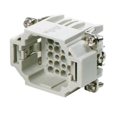 Grauer industrieller Steckverbinder mit rechteckiger Öffnung und mehreren Rundkontakten, umgeben von Schraubverbindungen.