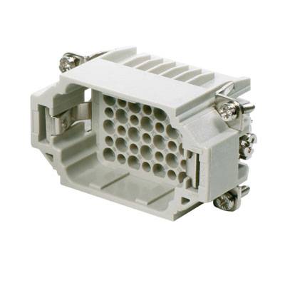 Ein rechteckiger Industrie-Stecker aus grauem Kunststoff mit mehreren runden Polen in der Mitte und vier Schrauben an den Seiten.