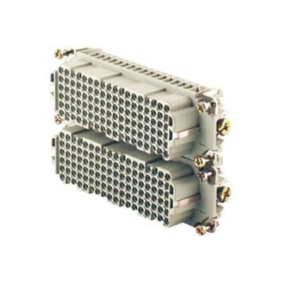 Ein rechteckiger, grauer elektrischer Steckverbinder mit mehreren Reihen runder Buchsenlöcher und seitlichen Schraubverbindungen.