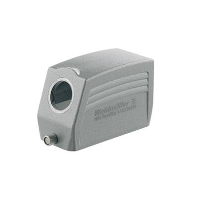 Metallischer Stecker mit Markenaufdruck 'Weldmüller', rechteckige Form, seitlich eine runde Öffnung mit Gewinde.