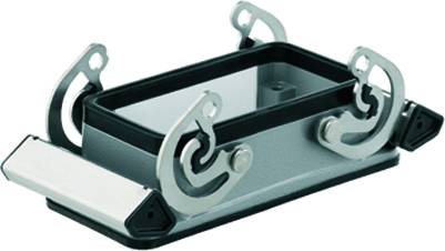 Ein rechteckiges, metallisches Industriegehäuse mit vier seitlichen Befestigungshaken; robustes Design für technische Anwendungen.