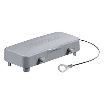 Graues rechteckiges Abdeckgehäuse mit zwei Bolzen und angeschlossenem Kabel.