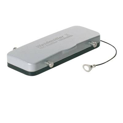 Ein rechteckiger Metallverschluss mit der Aufschrift 'Weidmüller'. Rechts ist ein Sicherungsdraht mit einem Ring befestigt.