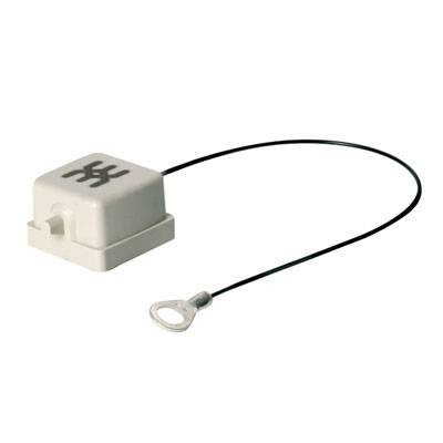 Ein weißer Kunststoffverschluss mit Kabel und Schlaufe, möglicherweise ein Sicherheits- oder Haltemechanismus.