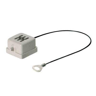 Ein quadratisches, weißes Gehäuse mit einem Kabel, das in einem Ring endet. Das Gehäuse hat ein schwarzes Symbol darauf.