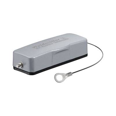 Ein graues, rechteckiges elektrisches Gerät mit einer Antenne und einer Öse. Es trägt das Logo 'Weidmüller'.