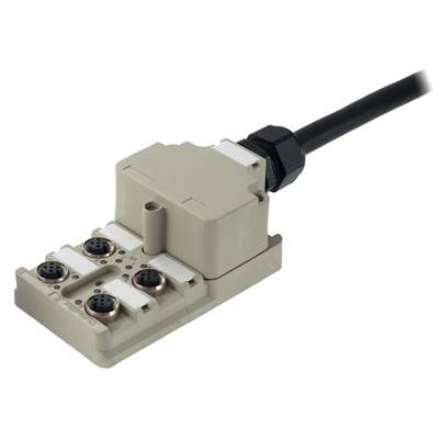 Ein elektrisches Mehrfachventil mit vier Anschlussbuchsen und einem schwarzen Kabel, geeignet für industrielle Anwendungen.