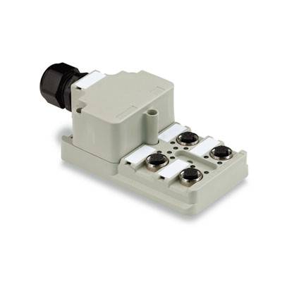 Ein kompaktes, rechteckiges, graues Kunststoffgerät mit mehreren Steckverbindungen, vermutlich ein elektrischer Verteiler oder Adapter.