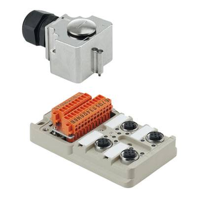 Elektronische Vorrichtung mit orangefarbenem Anschlussblock und vier Ports, darüber eine abnehmbare obere Abdeckung mit Kabelverschraubung.