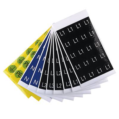Verschiedene Bögen mit Kabelmarkierungen in Schwarz, Blau, Gelb mit Buchstaben 'N', 'L1', 'L2'.