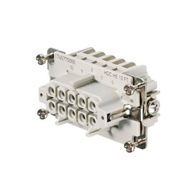 Ein rechteckiger elektrischer Steckverbinder mit mehreren Anschlüssen und Befestigungsschrauben, montierbar an Geräten oder Schaltschränken.