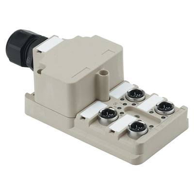 Ein elektrischer Steckverbinder mit mehreren Anschlüssen. Beige Gehäuse, drei runde Steckbuchsen und ein schwarzer Kabelanschluss oben links.