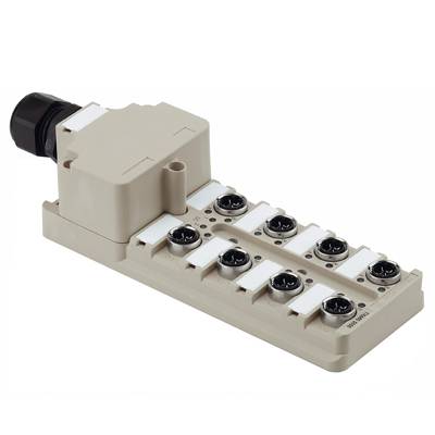 Ein elektronisches Modul mit mehreren runden Anschlussbuchsen und einem großen Stecker an der Seite, das zur Steuerung verwendet wird.