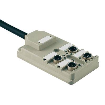 Ein rechteckiges elektrisches Verbindungsteil mit fünf runden Steckplätzen und einem angeschlossenen Kabel, grau in der Farbe.