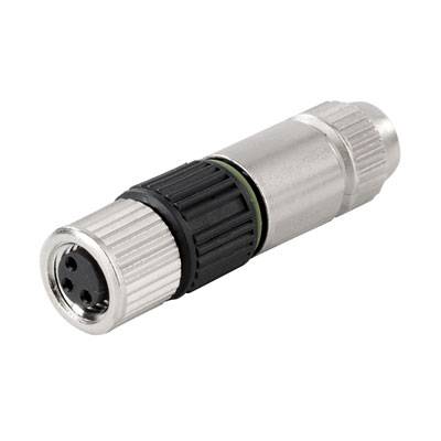 Ein zylinderförmiger, metallischer Stecker mit geriffeltem Griff und vier Anschlusslöchern, geeignet für elektrische Verbindungen.