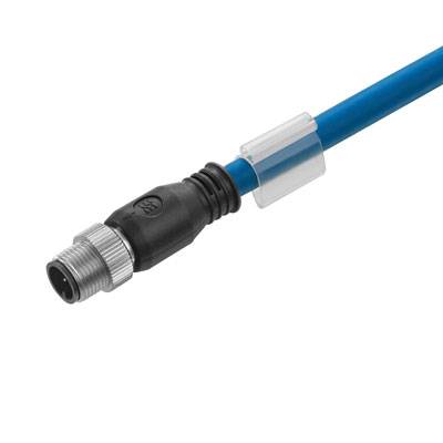 Blaues Verlängerungskabel mit schwarzem, rundem Stecker und silbernem Metallgewinde, geeignet für technische Verbindungen.