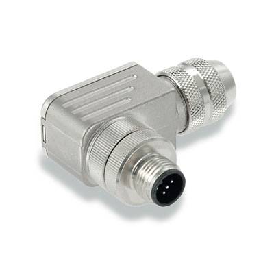 Ein rechteckiger, metallischer Kabelstecker mit geriffeltem Schraubverschluss und einem runden Stecker mit mehreren Pins.