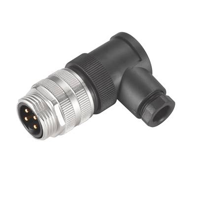 Ein rechtwinkliger M12-Stecker mit Metallgewinde und Kunststoffgehäuse, geeignet für industrielle Anwendungen und Verkabelungen.