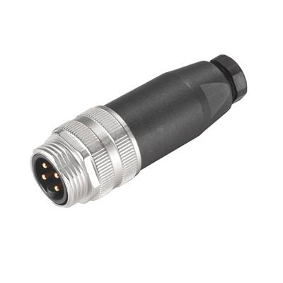 Ein schwarzer Rundstecker mit silbernem Gewinde und vier sichtbaren Stiftkontakten, typischerweise für elektrische Verbindungen.