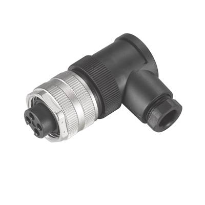 Ein schwarzer Winkelstecker mit silbernem Schraubverschluss und mehreren Anschlussstiften, geeignet für industrielle Anwendungen.