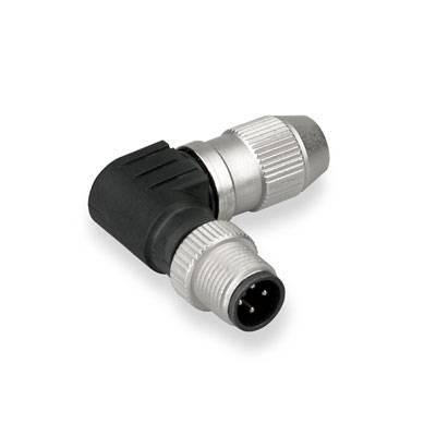 Zwei abgewinkelte Metallstecker in L-Form mit schwarzem und silbernem Gehäuse. Sie haben drei Stifte und sind für elektrische Verbindungen.
