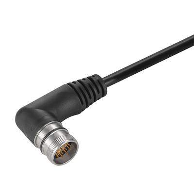 Ein schwarzer Winkelstecker mit Kabel ist abgebildet, geeignet für technische Anwendungen.