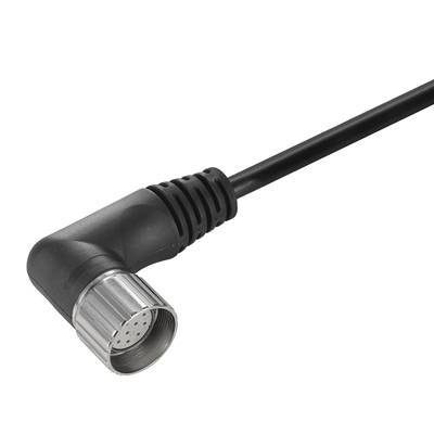 Ein rechter Winkelstecker mit schwarzem Kabel und einem silbernen runden Metallanschluss. Geeignet für elektronische Verbindungen.