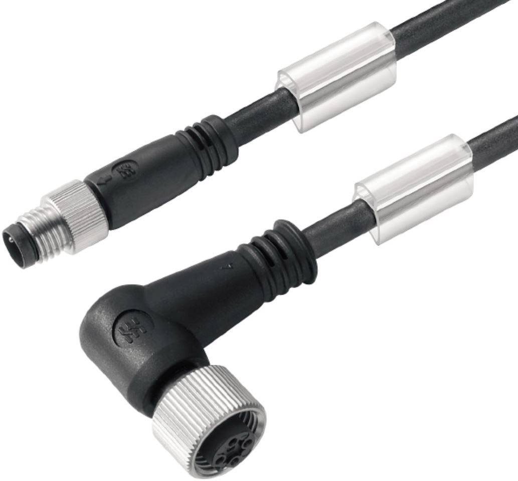 Zwei schwarze Kabel mit Metallanschlüssen und gewinkeltem Stecker. Geeignet für industrielle oder technische Anwendungen.