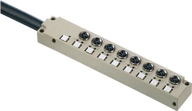 Ein langer, rechteckiger Steckverbinder mit acht runden Anschlüssen und einem dicken Kabel am Ende. Geeignet für industrielle Anwendungen.
