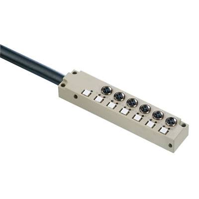 Industrie-Steckverbindersystem mit mehreren Rundsteckdosen und Kabel, geeignet für industrielle Anwendungen.