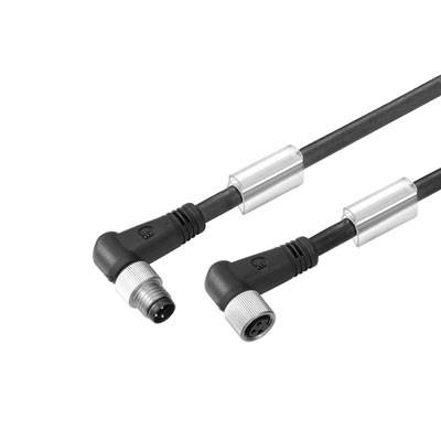 Ein Kabel mit zwei Steckern: ein gewinkelter Stecker mit Metallgewinde und ein gerader Stecker mit drei Kontakten.