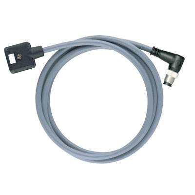 Ein graues Kabel ist zu einem Kreis geformt, mit einem rechteckigen und einem abgewinkelten Anschluss an den jeweiligen Enden.