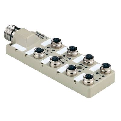 Industrieanschlussmodul mit acht runden Steckverbindungen in zwei Reihen. Geeignet für den Einsatz in Fertigungsanlagen.