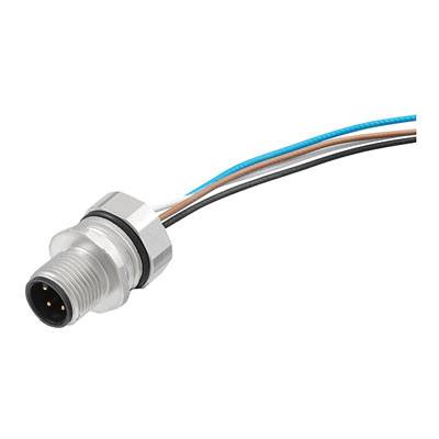 M12-Steckverbinder mit Kabelansatz. Der runde, silberne Stecker hat mehrere Kabel in Schwarz, Braun, Blau und Weiß.