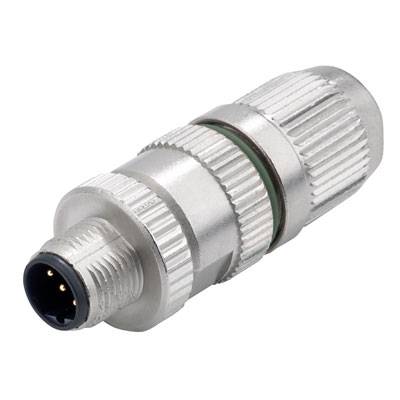 Metallischer Elektronik-Stecker mit mehreren Pins, geriffelte Kappe für festen Halt, verwendet in industriellen Anwendungen.