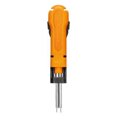 Ein orangefarbener, handlicher Spannungsprüfer mit Metallspitze und schwarzem Griff.