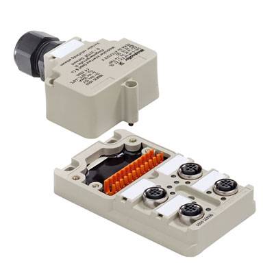 Ein offener elektronischer Steckverbinder mit mehreren Anschlüssen und Beschriftung auf der Oberfläche. Geeignet für industrielle Anwendungen.